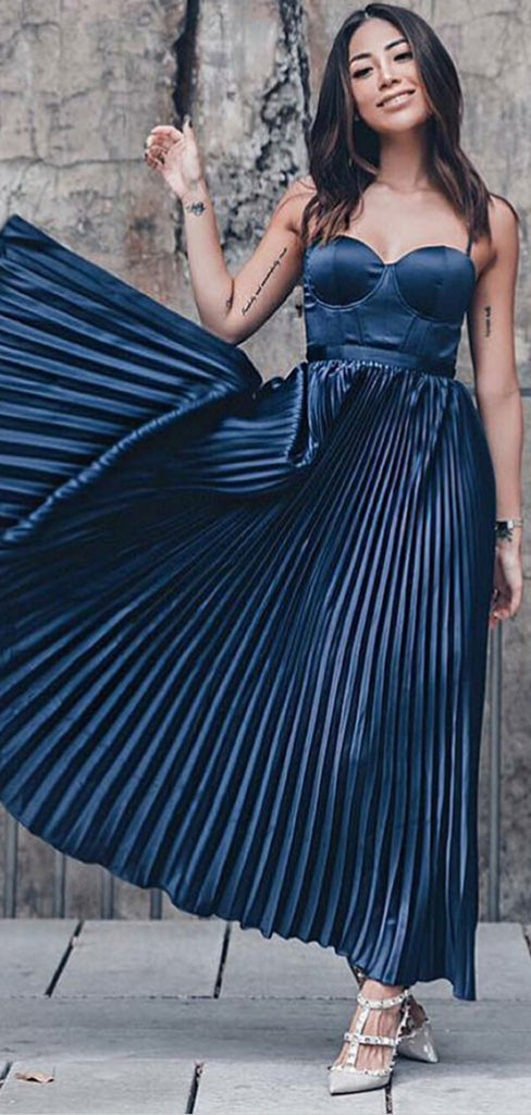 A-Line Spaghetti Straps Pleated Navy Blue Satin Prom Party Dresses Online, TYP1290