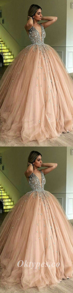 Elegant Tulle Spaghetti Straps V-Neck A-Line Long Prom Dresses With Beading,PDS0572