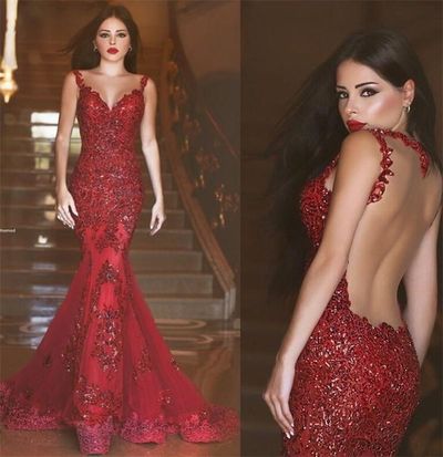 Sexy Mermaid Prom Dresses, Red Beading Prom Dresses, Backless Prom Dresses, Spaghetti Strap Prom Dresses, TYP0184