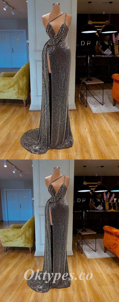 Sexy Sequin One Shoulder V-Neck Sleeveless Side Slit Mermaid Long Prom Dresses ,PDS0618