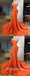 Elegant Orange Satin One Shoulder Sleeveless Mermaid Long Prom Dresses With Decoration,PDS0516