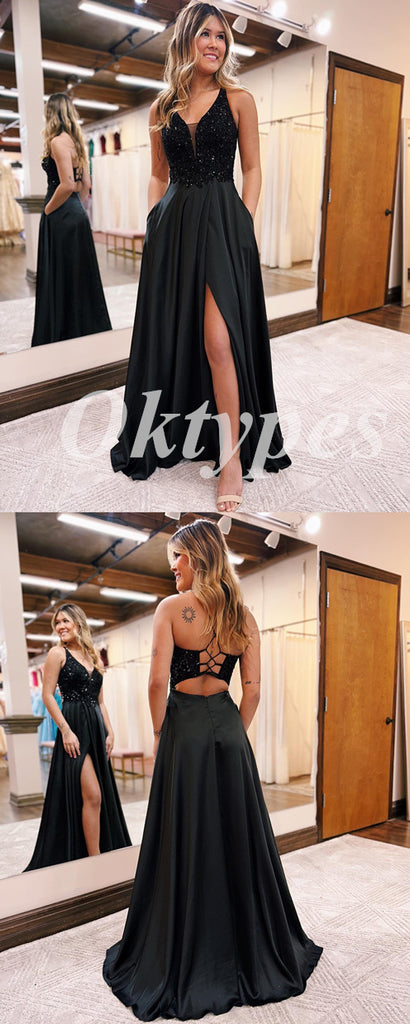 Elegant Sequin And Satin Spaghetti Straps V-Neck Sleeveless Lace Up Side Slit A-Line Long Prom Dresses,PDS0810