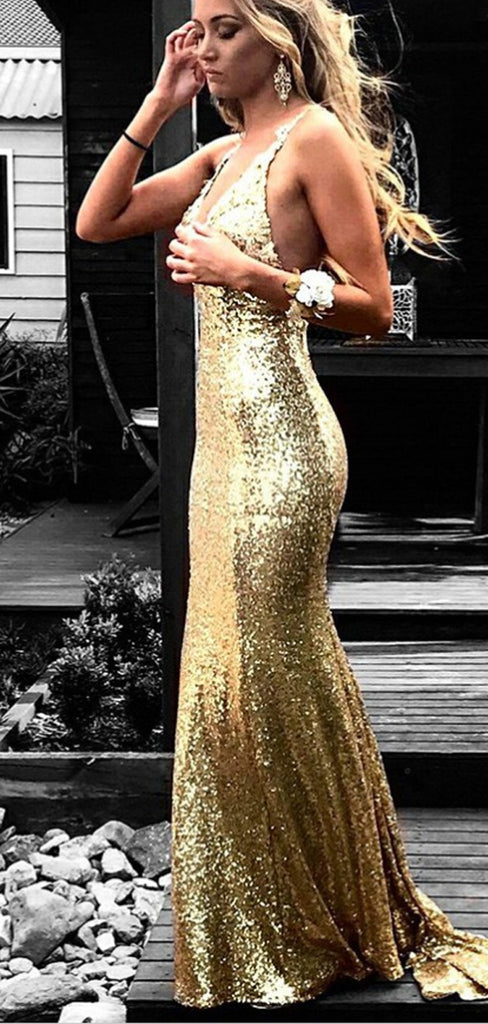 Mermaid V-Neck Backless Gold Sequined Prom Dresses with Appliques, TYP1288