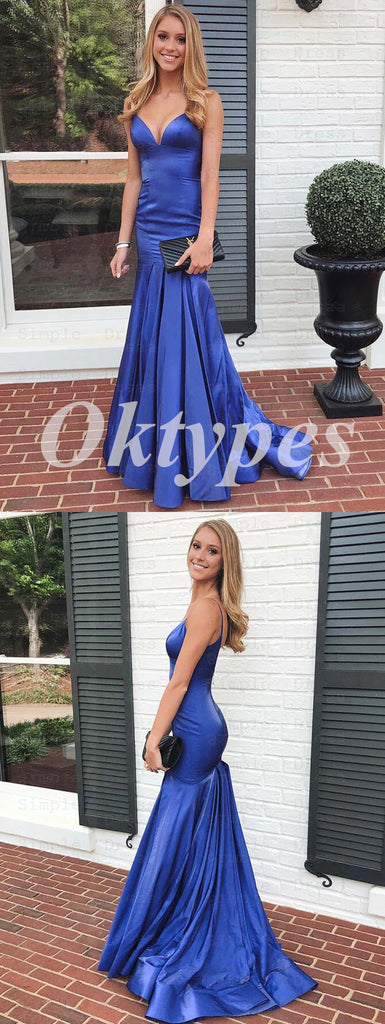 Sexy Royal Blue Soft Satin Spaghetti Straps V-Neck Sleeveless Mermaid Long Prom Dresses,PDS0751