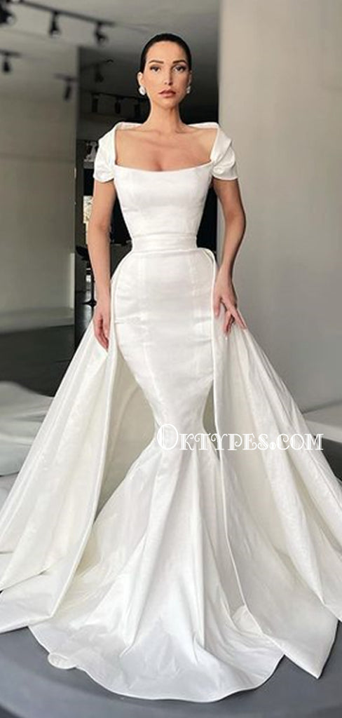 Bateau Cap Sleeve Satin Mermaid Long Wedding Dresses. TYP0979