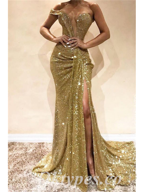 Sexy Charming Sequin V-Neck Off Shoulder Sleeveless Side Slit Mermaid Long Prom Dresses,PDS0658