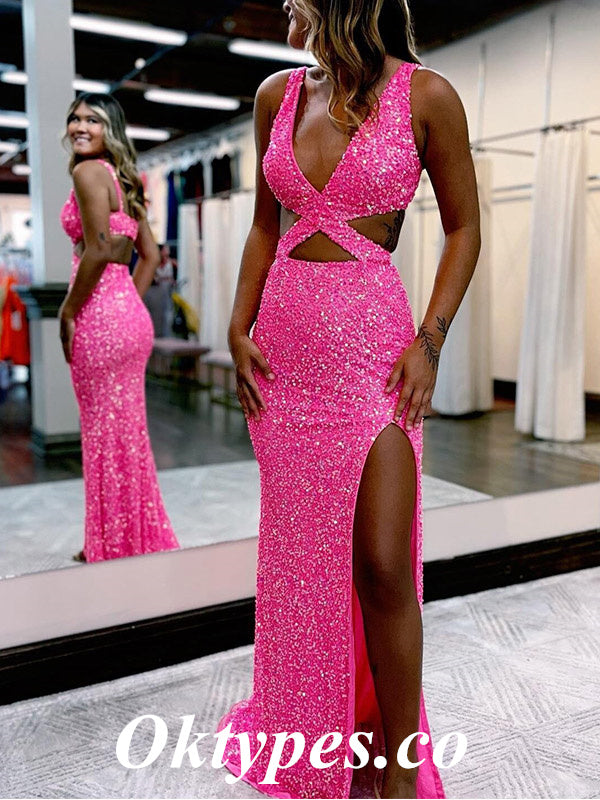 Sexy Sequin Spaghetti Straps V-Neck Sleeveless Side Slit Mermaid Long Prom Dresses, PDS0863