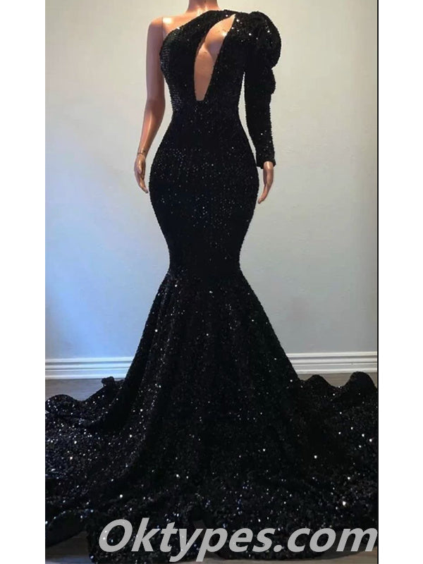 Elegant Sequin One Shoulder One sleeve Mermaid Long Floor Length Prom Dresses ,PDS0363