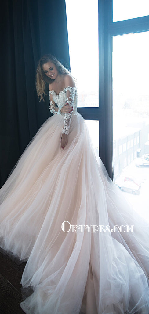 New Arrival V-neck A-line Tulle Lace Long Sleeve Wedding Dresses, WDS0082