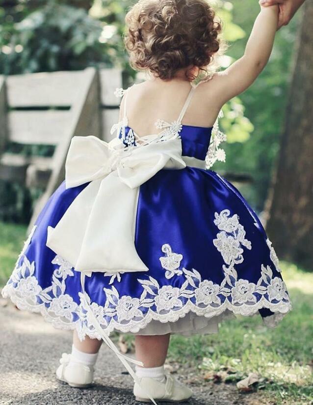 Ball Gown Spaghetti Straps Royal Blue Satin Flower Girl Dresses with Appliques, TYP1069