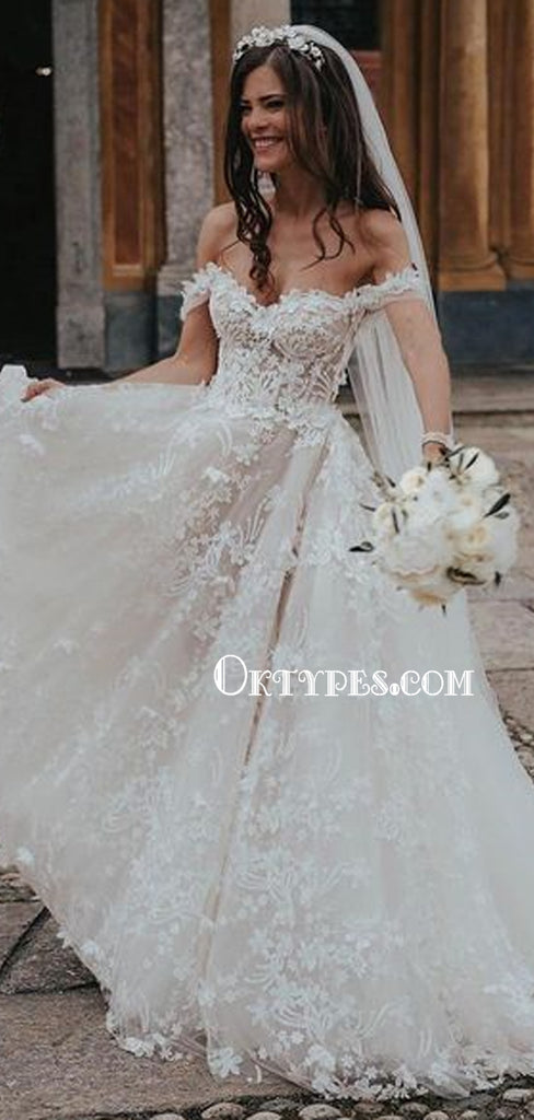 Popular Off-shoulder A-line Lace Appliques Simple Wedding Dresses, WDS0088