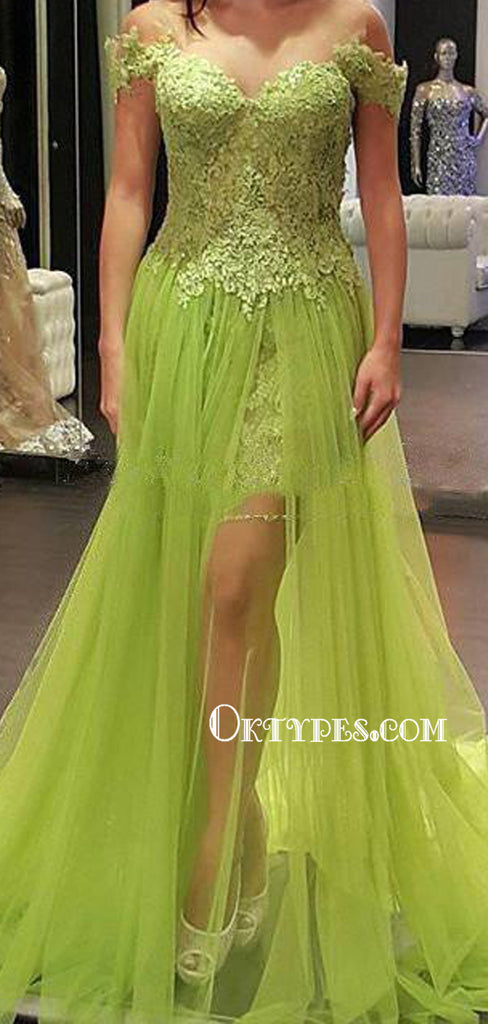 Off Shoulder Lace Top Green Tulle Long A-line See Through Popular Prom Dresses, TYP0017