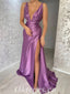 Sexy Satin Spaghetti Straps Deep V-Neck Sleeveless Side Slit Mermaid Long Prom Dresses ,PDS0690