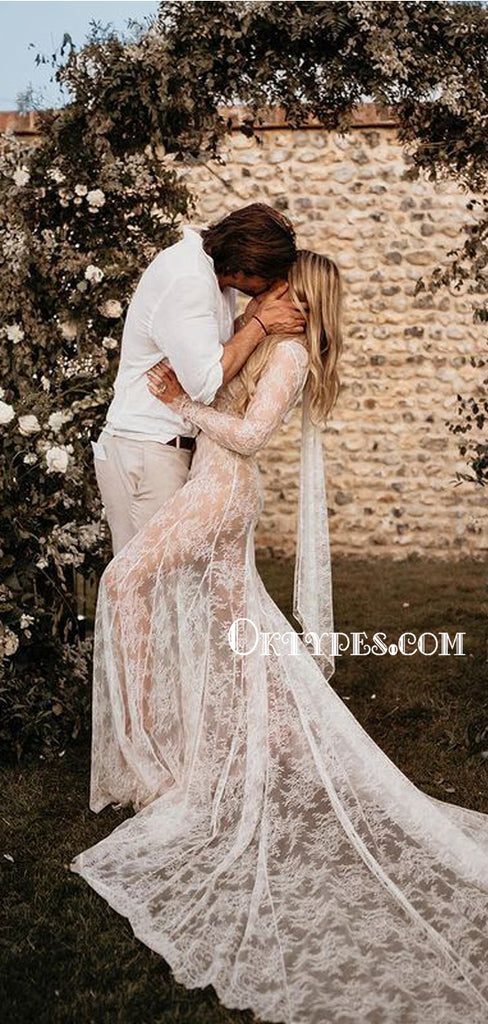 Beach Lace Mermaid See-through Two-piece Charming Wedding Dresses, WDS0035