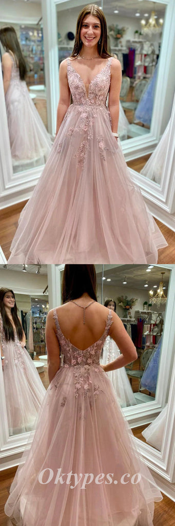 Elegant Tulle Spaghetti Straps V-Neck Sleeveless A-Line Long Prom Dresses With Applique And Beading,PDS0660