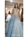 Elegant Blue Tulle Lace Spaghetti Straps A-Line Long Prom Dresses/Graduation Dresses,PDS0440