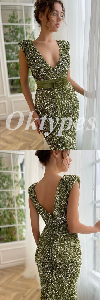 Sexy Sequin Spaghetti Straps V-Neck Sleeveless Mermaid Long Prom Dresses,PDS0757