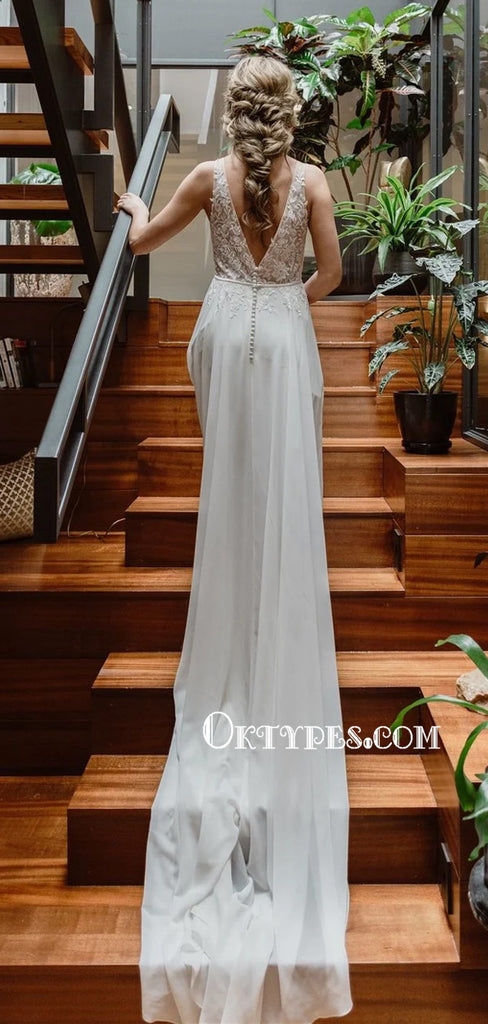 New Arrival V-neck Chiffon Sleeveless Long Wedding Dresses, WDS0079