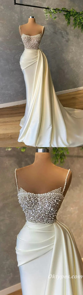 Elegant White Satin Spaghetti Straps Mermaid Evening Prom dresses With Beadings,PDS0324