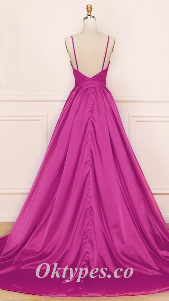 Sexy Soft Satin Spaghetti Straps V-Neck Sleeveless Backless A-Line Long Prom Dresses, PDS0888