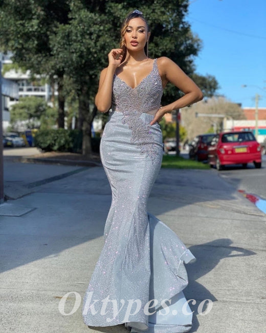 Sexy Spaghetti Straps V-Neck Sleeveless Mermaid Long Prom Dresses, PDS0862