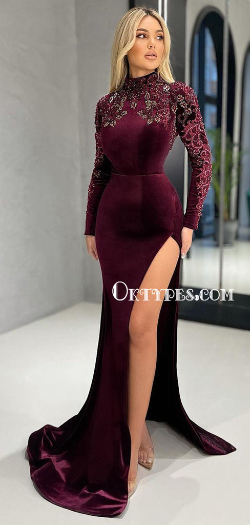 Elegant High Neck Mermaid Side Slit Long Sleeve Prom Dresses, PDS0229