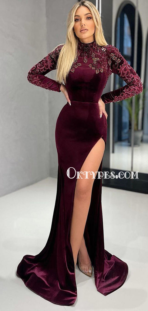 Elegant High Neck Mermaid Side Slit Long Sleeve Prom Dresses, PDS0229