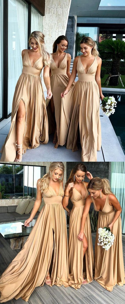 Sexy Mermaid Gold V-neck Backless Long Cheap Bridesmaid Dresses Online, TYP1075