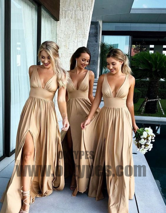 Sexy Mermaid Gold V-neck Backless Long Cheap Bridesmaid Dresses Online, TYP1075