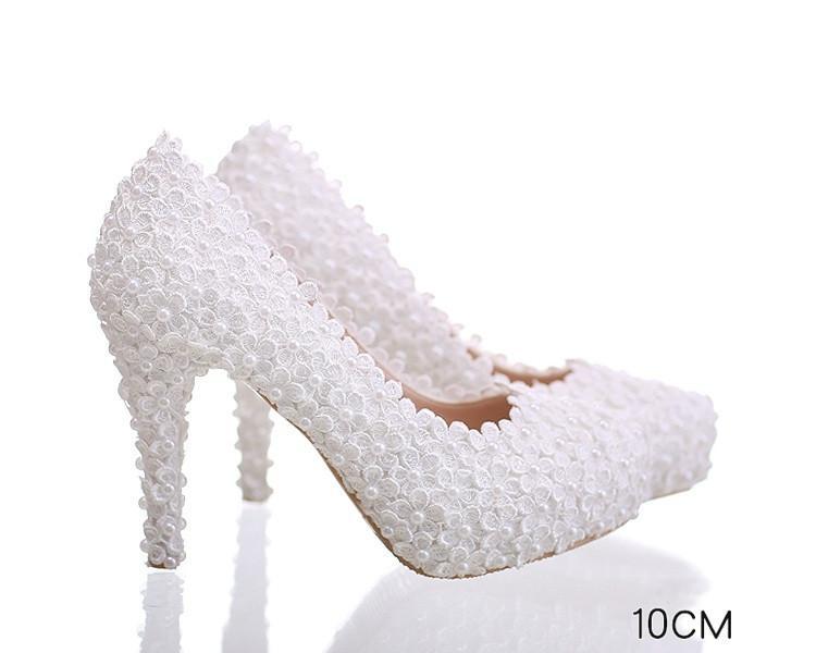 Pearls Lace Pointed Toe White High Heels Wedding Bridal Shoes, S016