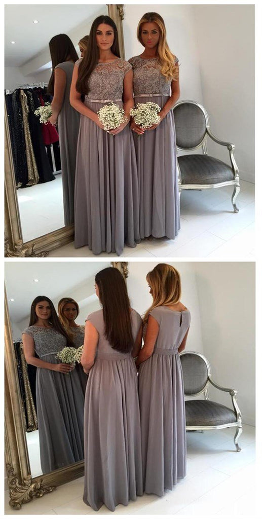 Modest Cap Sleeve Lace A Line Grey Floor-Length Chiffon Wedding Guest Dresses For Maid of Honor, TYP0110