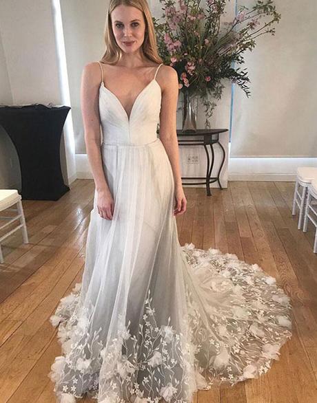 Unique Spaghetti Strap Long Cheap Tulle Prom Dresses With Lace Applique, TYP1901