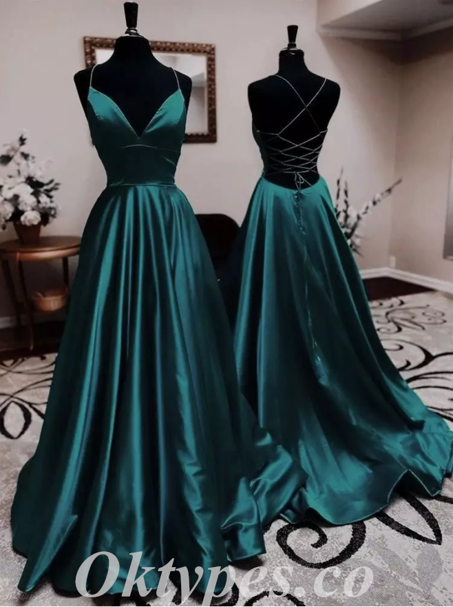 Sexy Dark Green Satin Halter V-Neck Sleeveless Lace Up Back A-Line Long Prom Dresses,PDS0504