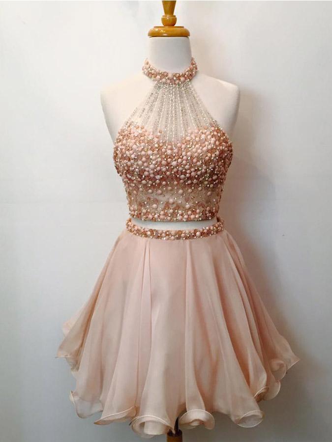 Champagne Two Pieces Beading Short Cheap Homecoming Dresses Online, CM572