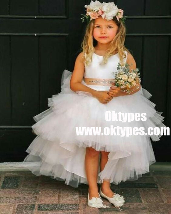 A-Line Asymmetry Train White Tulle Flower Girl Dress with Beading, TYP0948