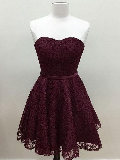 Sweetheart Cute Simpe Maroon Short Lace Homecoming Dresses 2018, CM491