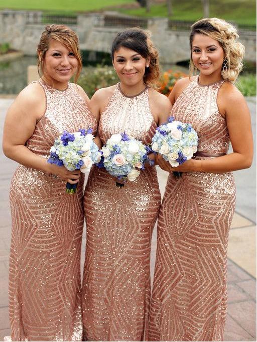 Gold Sequin Mermaid Halter Cheap Long Bridesmaid Dresses Online, TYP0456