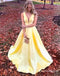 Simple Yellow V Neck A Line Satin Long Cheap Prom Dresses, TYP1784