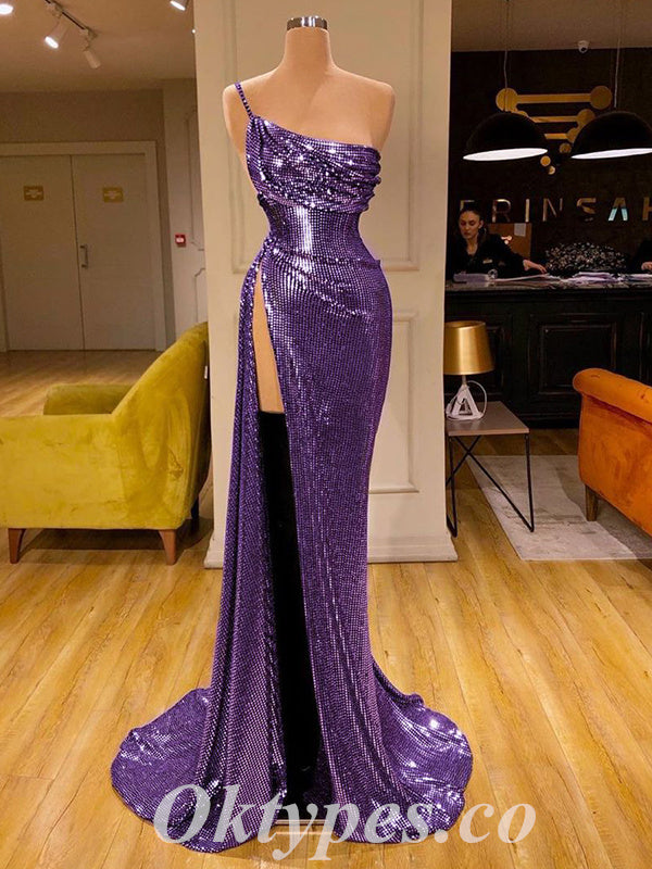 Sexy Purple Special Fabric One shoulder Side Slit Mermaid Long Prom Dresses,PDS0573