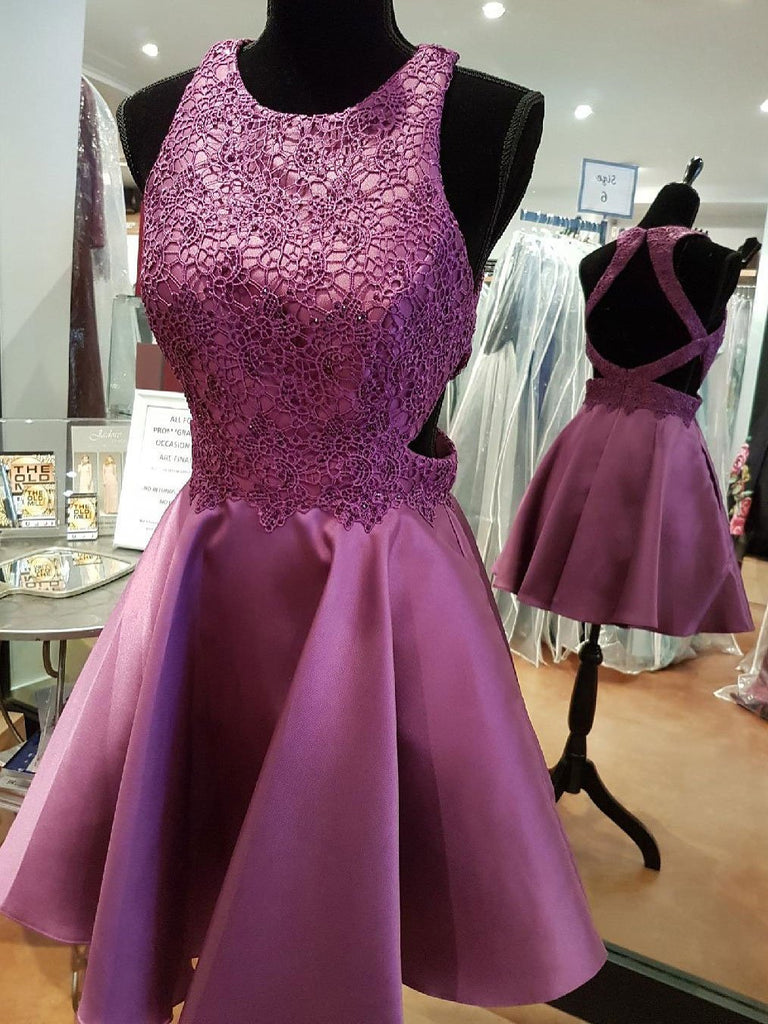 Sexy Open Back Halter Purple Cheap Homecoming Dresses 2018, CM422