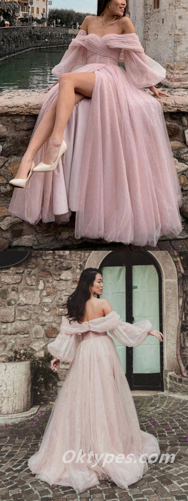 Sexy Tulle Off Shoulder Long Sleeve A-Line Side Slit Long Wedding Dresses,WDS0131