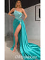 Sexy Satin One Shoulder Sleeveless Mermaid Side Slit Long Prom Dresses With Pleats,PDS0448