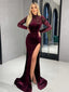 Elegant High Neck Mermaid Side Slit Long Sleeve Prom Dresses, PDS0229