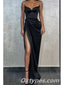 Sexy Black Satin Spaghetti Straps V-Neck Side Slit Mermaid Long Prom Dresses,PDS0413