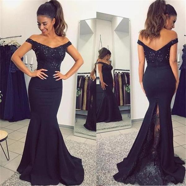 Long Black Prom Dresses, Beading And Lace Prom Dresses, Off-shoulder Mermaid Evening Dresses, Zipper Prom Dresses, TYP0063