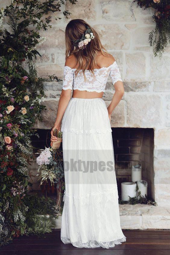 White Sexy Two Pieces Long Sleeve Lace Wedding Dresses Online, TYP0799