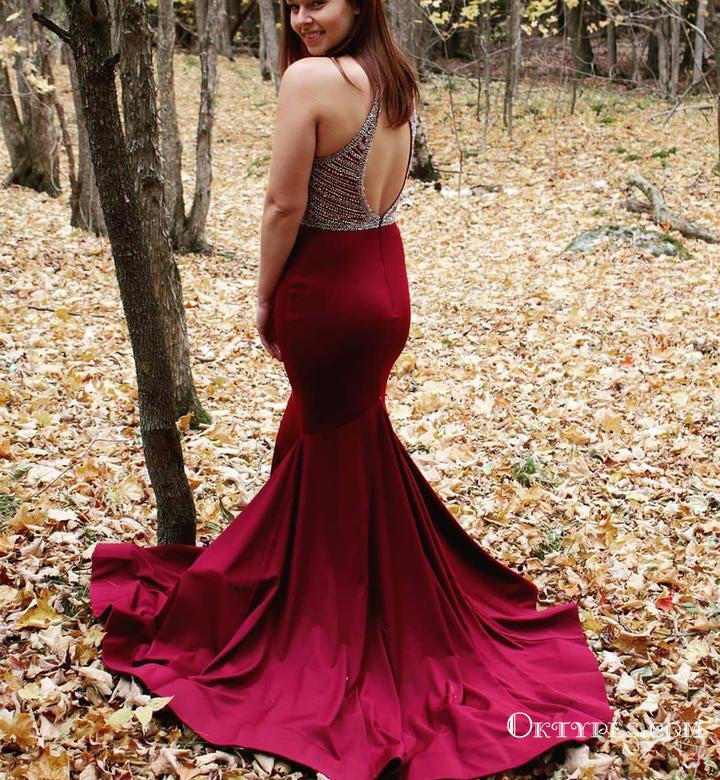 Halter Wine Red Long Beaded Prom Evening Dress with Open Back, TYP1719