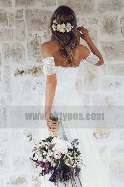 Off Shoulder Casual Cheap Ivory Lace Wedding Dresses Online, TYP0798