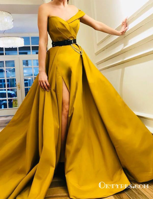 Hot Yellow  Long Off The Shoulder Split Belt Evening Gowns Prom Dresses, TYP1665