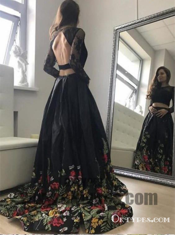 Two Piece Black Prom Dresses, Long Sleeve Prom Dresses, Open-back Prom Dresses, Appliques lace Prom Dresses,TYP0305